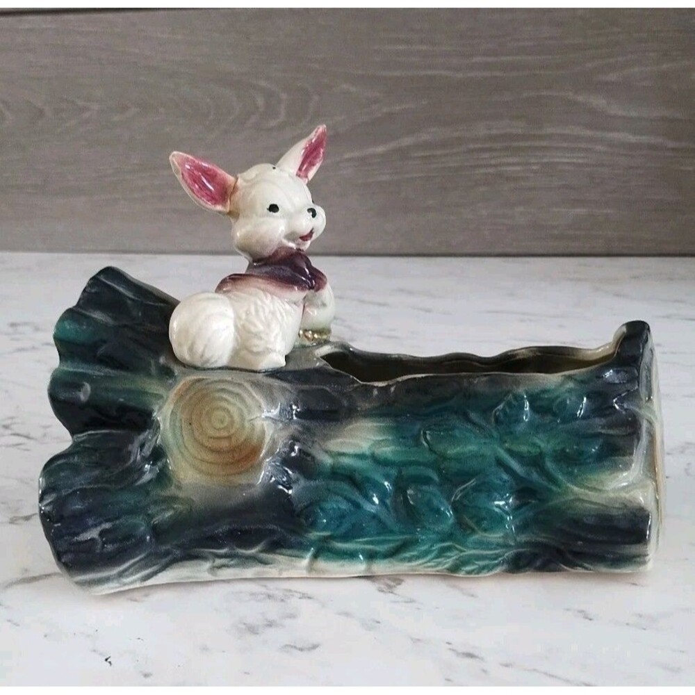 Vintage Brush McCoy Pottery White Bunny Rabbit Pink Jacket on a Log Planter